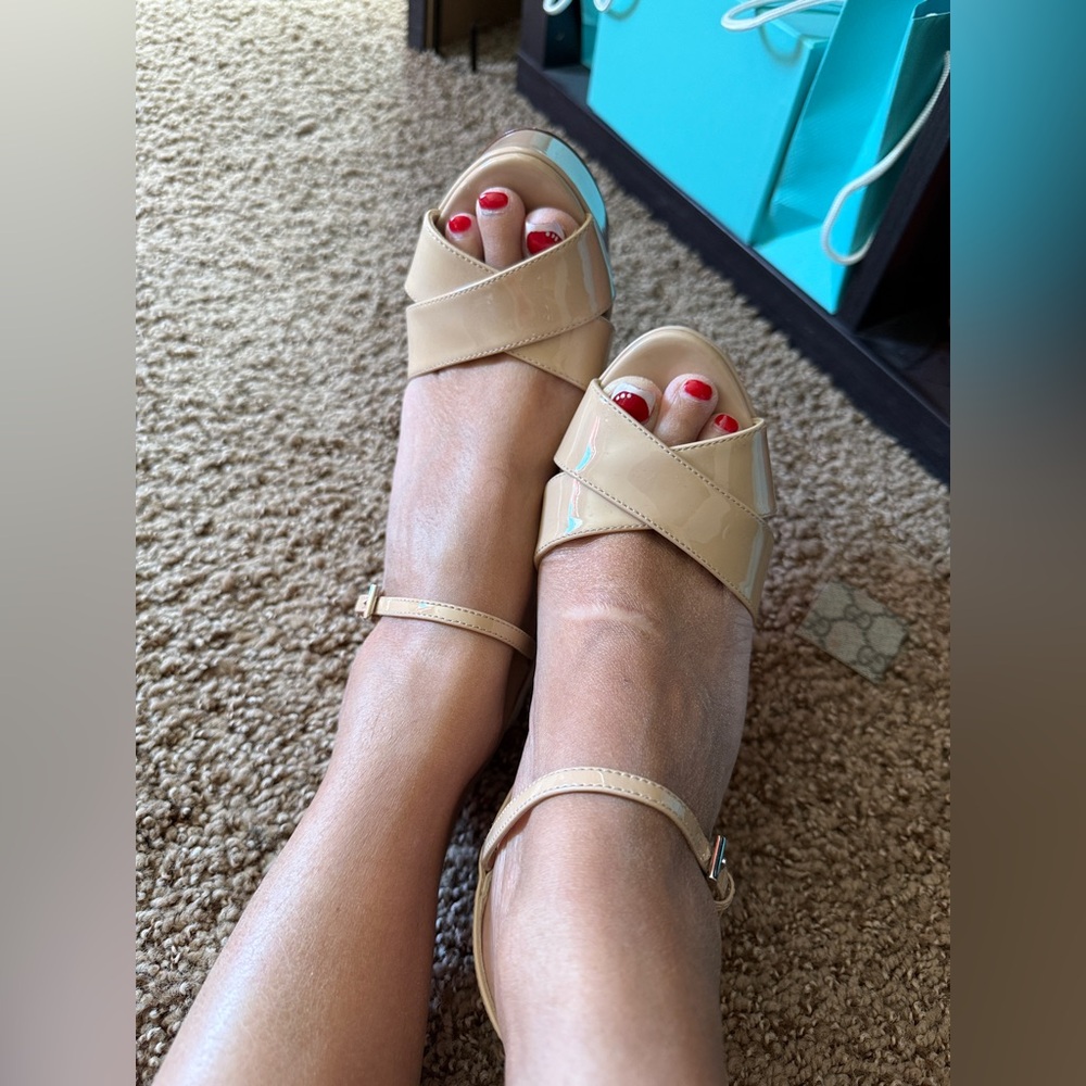 Prada Beige Patent Leather Heeled Sandals with Gold Logo